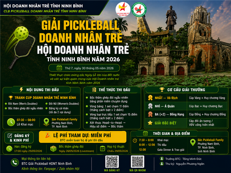 Đăng Ký giải Pickleball Doanh nhân trẻ tỉnh Ninh Bình 2026